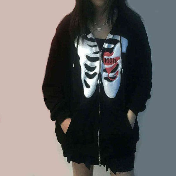 

stylish bone pattern zipper up hoodies streetwear oversized hooded sweatshirt women long sleeve casual harajuku graphic outwear 211108, Black