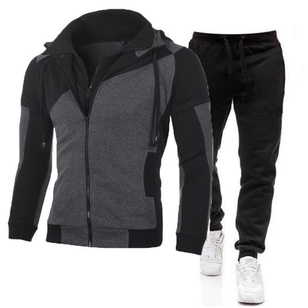 

men's tracksuits 2021 autumn winter warm tracksuit hooded zipper coat and sweatpants 2 piece sports suit workout sportswear gym fitness, Gray