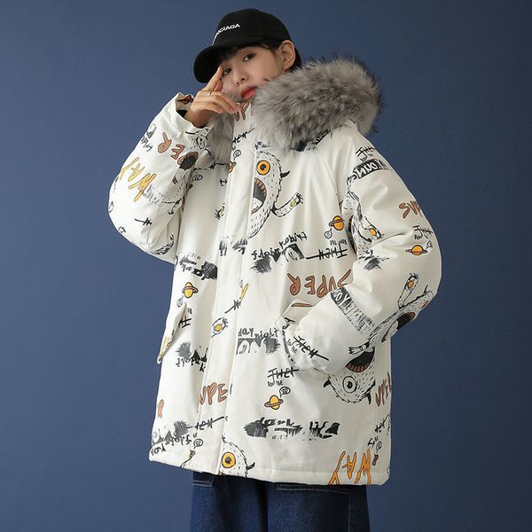 

2021 New Harajuku Winter Women Cartoon Printed Thick Warm Parkas Big Fur Hooded Down Cotton Female Zipper Cold Outwear 5YEE, Black