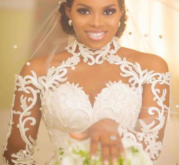 

mermaid new african wedding es 2021 elegant halter illusion long sleeves lace appliques beads bridal gowns vestido de mariee m0mi, White