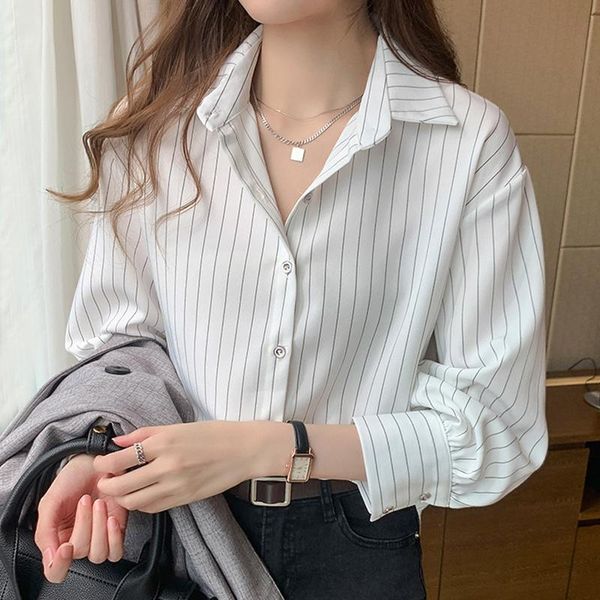 

blouse women 2021 turn down collar office blouse for women striped white chiffon shirt blouses blusas mujer d393