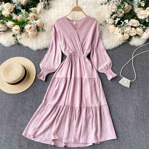 

women long sleeve waist big swing dress solid color v-neck slim fashion spring summer 11b606 210525, Black;gray