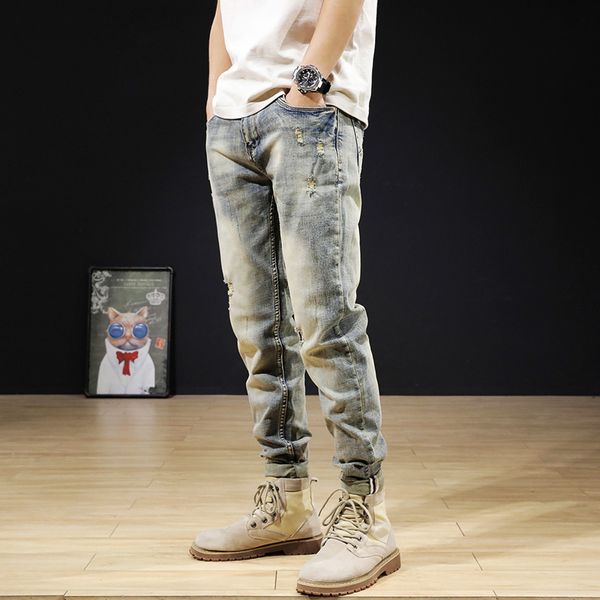 

2021 new italian style fashion men jeans retro yellow blue elastic cotton ripped denim punk pants vintage designer trousers cr4