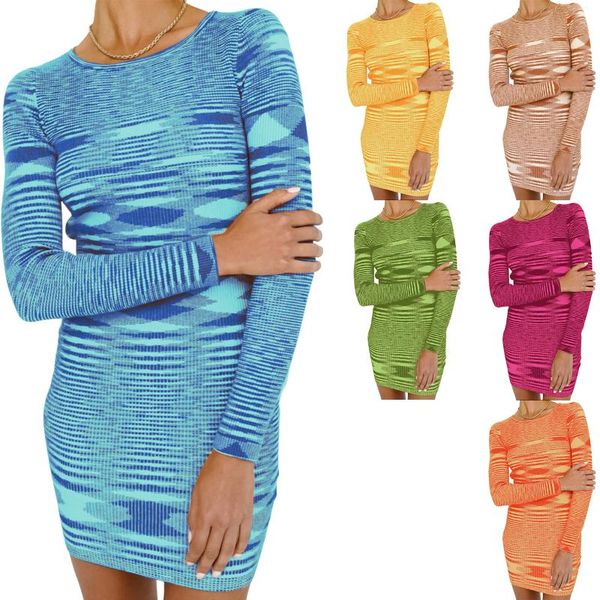 

casual dresses autumn women's bodycon knitting mini dress long sleeve round neck abstract geometric print knit, Black;gray