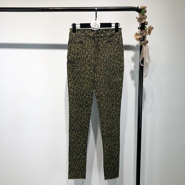 

women's jeans mumuzi 2021 spring european fashion denim trousers high waist green leopard print slim pants women clothing, Blue