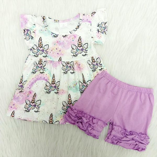 

summer girl outfit purple ruffle shorts and colorful unicorn pattern 2 pieces set clothing, White