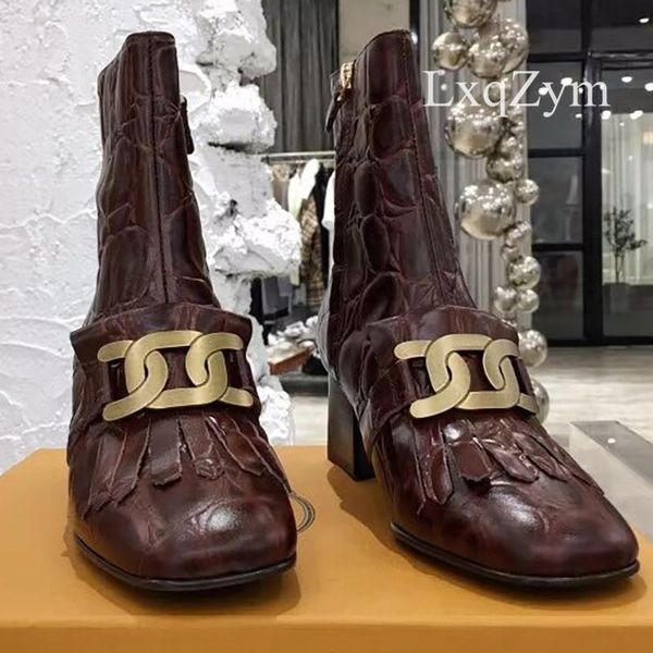 

boots fashion women ankle metal chain decoration high heels short cowhide zipper square toe, Black