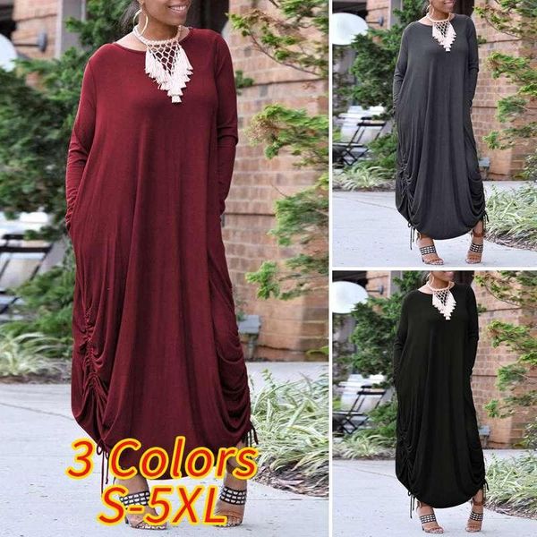 

casual dresses vonda women dress 2021 autumn o neck solid long sleeve maxi plus size bohemain vestidos elegant robe 5xl, Black;gray