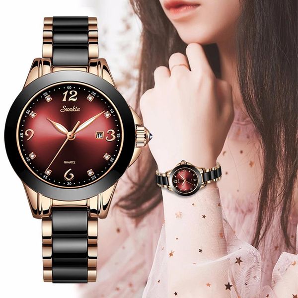 

wristwatches 2021 sunkta brand fashion watch women luxury ceramic and alloy bracelet analog wristwatch relogio feminino montre, Slivery;brown