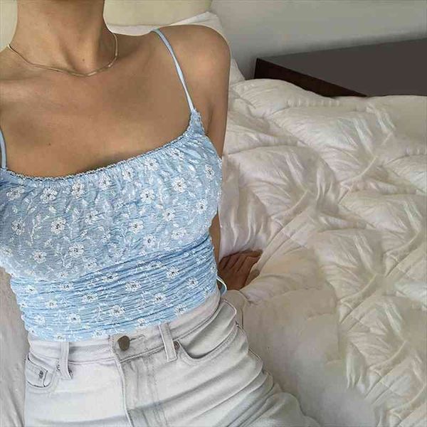 

cute floral print women camis spaghetti strap sleeveless backless short slim sling for ladies fashion streetwear, White