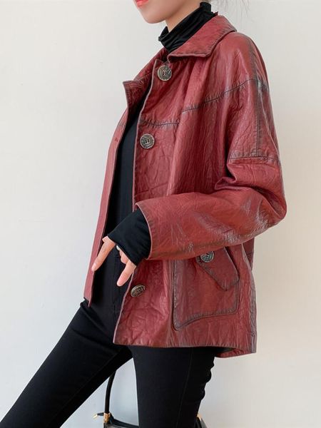 

women's leather & faux real 2021 spring jacket vintage 200% genuine sheepskin coat plus size korean motorcycle jackets kj5522, Black