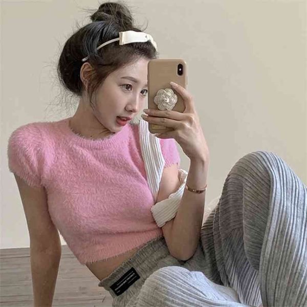 

t-shirt female mink short sleeve slim with bottom coat spring white sweater 210529