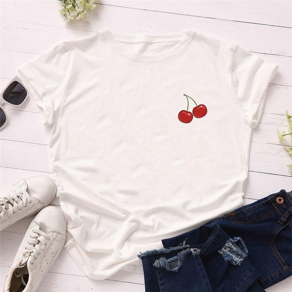 

summer women girl short sleeve kawaii t shirts polyester casual white cherry print cute ladies t-shirts tees and