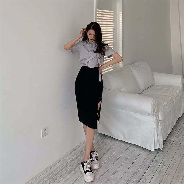 

skirts 2021 summer women skirt korean style ladies sweet solid high waist split hip for a515, Black