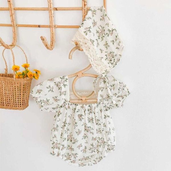 

rompers summer cotton baby girl's lace flower bosysuit short sleeve hollowed square neck triangle playsuits with hat 2pcs set, Blue