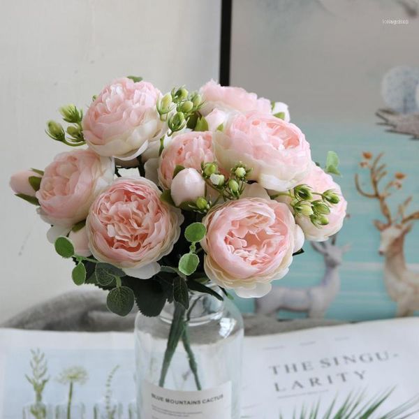 30cm Rose Rosa Seidenstrauß Pfingstrose Künstliche Blumen 5 große Köpfe 4 kleine Knospe Braut Hochzeit Home Dekoration Fake Neuf1
