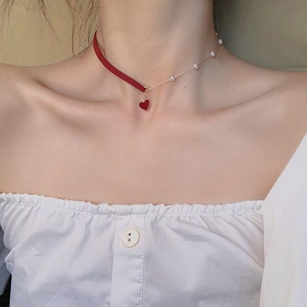 

pendant necklaces short small red heart simple temperament net love necklace pearl chain rope women wedding jewelry, Silver