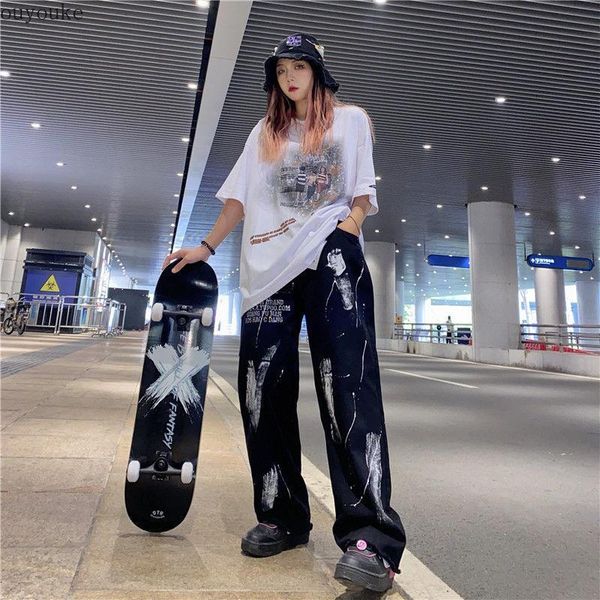 

men's pants guochao and women's street printed ink splashing letter graffiti straight y2k loose skateboard hip hop, Black