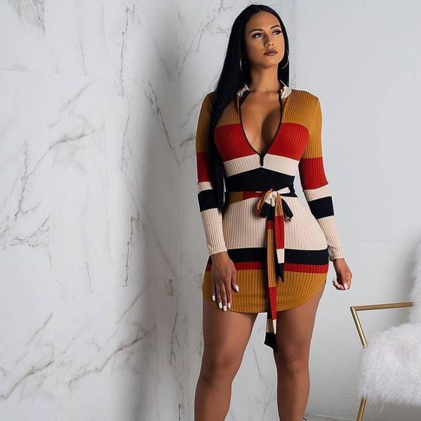 

stripe sashes autumn winter women dresses knitted full sleeve fashion casual bodycon bandage club night mini dress d8212, Black;gray