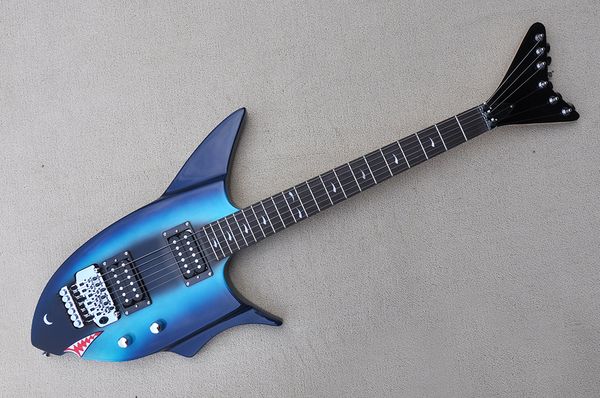 

factory custom unusual shape blue burst electric guitar with double rock bridge,chrome hardware,h pickup,rosewood fretboard,offer customized