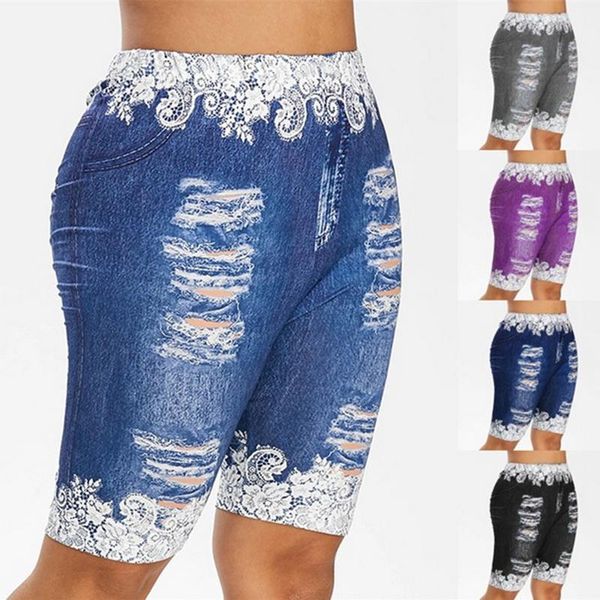 

women's jeans women ladies fashion shorts 3d lace ripped denim print plus size short leggings skinny jean capri, Blue