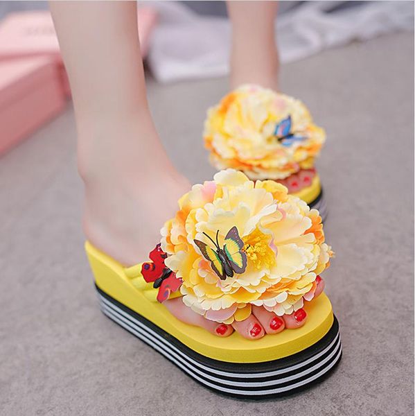 

slippers color women sandals 2021 summer beach shoes flower wedges flip flops platform slides heels 6 cm indoor outdoor, Black