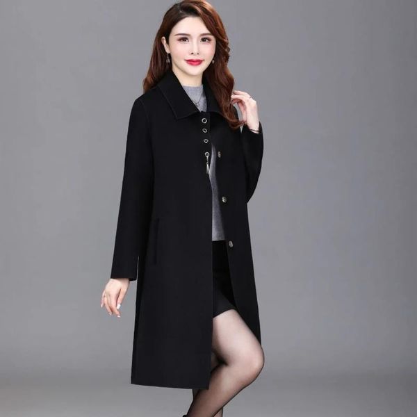 

women's wool & blends spring and autumn style 100% double-sided coat high-end woolen loose thin mid-length, Black