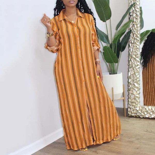 

casual dresses women stripe long dress 2021 sleeve autumn yellow red african fashion office plus size maxi vintage robe, Black;gray