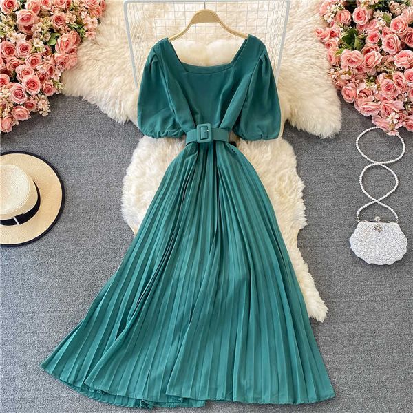

purple/green/red pleated long dress women square collar puff short sleeve high waist draped vestidos with sashes female summer y0603, Black;gray