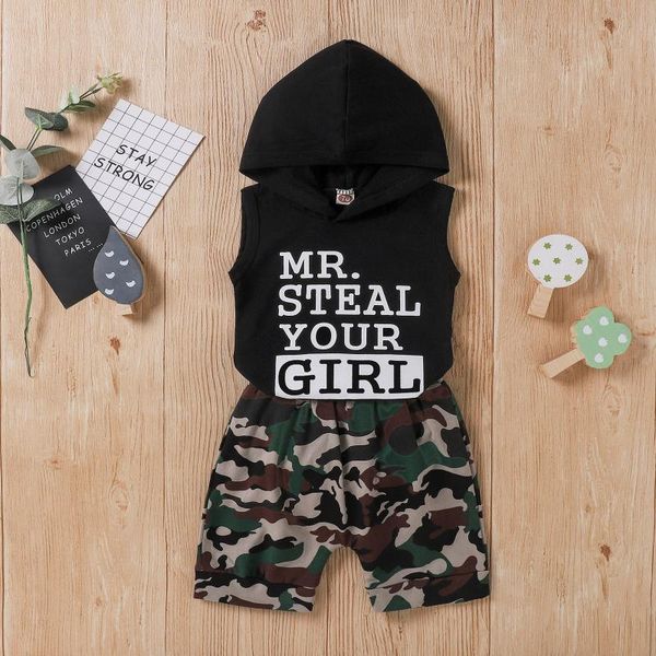 

clothing sets baby boys tracksuits toddler kids letter print sleeveless hoodie camouflage shorts outfits baby's set, White