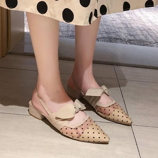 

dress shoes bow slingback women dot lace breathable pointed toe sandals summer slip-on mid heel pumps 2021, Black
