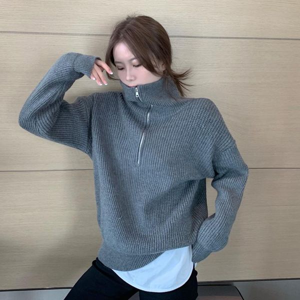 

women's sweaters fashion necklace women fall/winter wear loose zipper pullover knitted turtleneck sweater, White;black