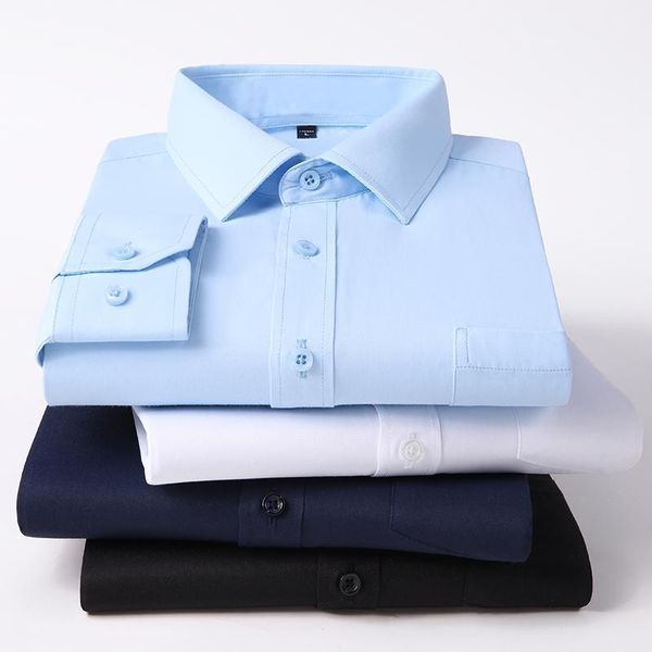 

men's formal white shirt 2021 autumn solid color long sleeve social male brand clothes black blue dress shirts, White;black