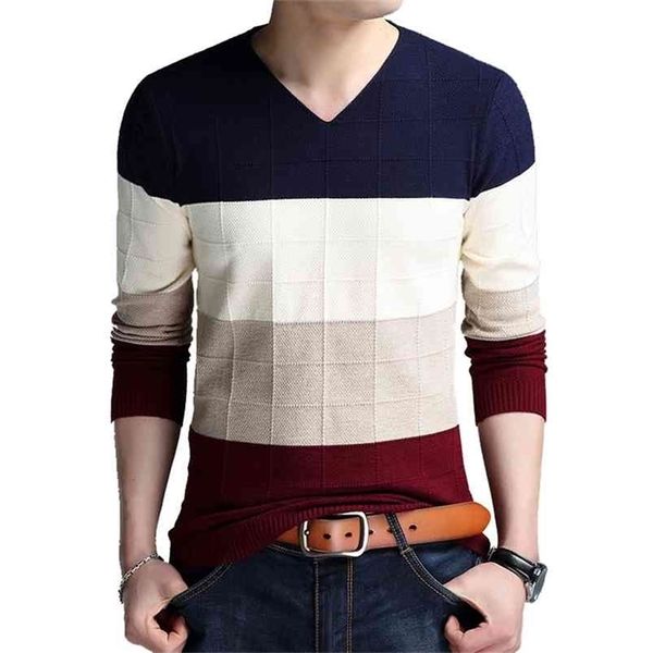 TFETTERS Markenpullover Herbst Herren Langarm T-Shirt V-Ausschnitt Slim Pullover Gestricktes gestreiftes Unterhemd Große Größe M-4XL 210909