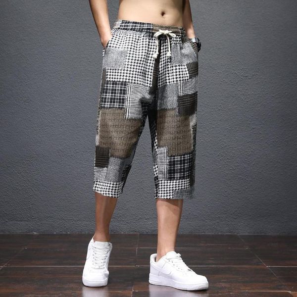 

men's pants european fashion contrast national print men shorts casual loose beach daily wear japanese comfortable boyfriend, Black