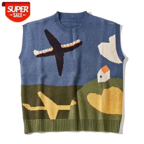 

2020 harajuku oversize sweater vest men plane print knitted sweater hip hop streetwear retro 2020 autumn winter pullover #i03j, White;black
