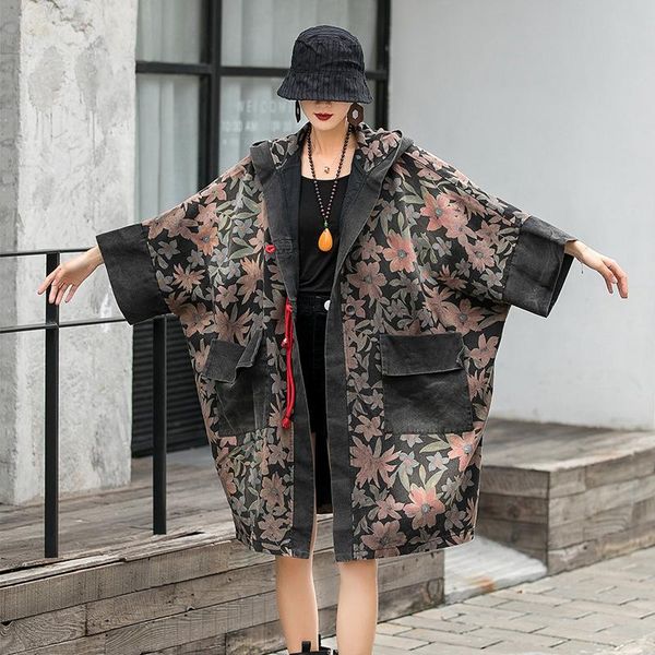 

women's trench coats [ewq] thicken warm ladies jacket chic casual clothing retro print design overcoat autumn winter 2021 windbreaker, Tan;black