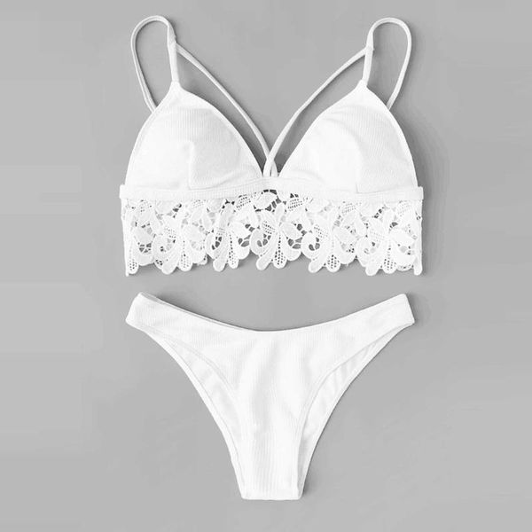 

women's fashion lace solid color hanging neck split bikini swimsuit