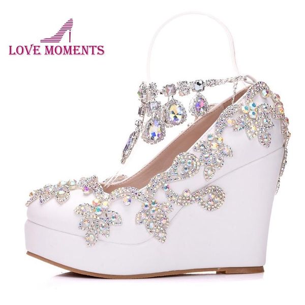 

dress shoes gorgeous ab crystal woman pumps blingbling rhinestone wedding bridal with buckle straps 4 inches wedge heel prom, Black