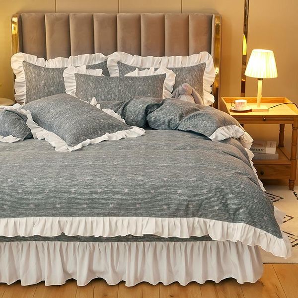 

bedding sets duvet cover set 4 pieces gray dots pattern ruffle bedclothes include comforter bedskirt pillowcase for /kids oceania