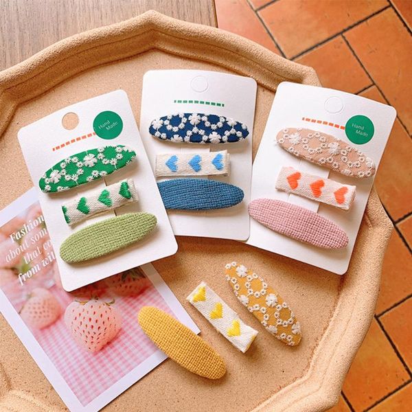 

hair accessories 3pcs/set korean chindren cute fabric embroidery oval hairpins fashion vintage heart girls headwear bb clips ac, Slivery;white