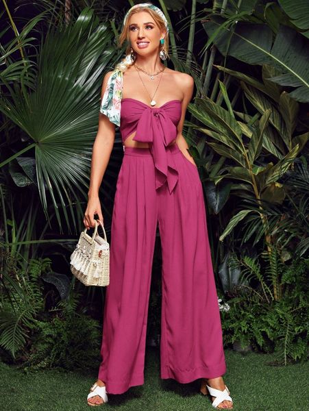 

tie front tube and wide leg pants set s3j6#, White