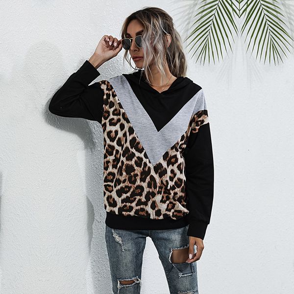 

2021 autumn winter leopard patchwork full sleeve hooded pullovers hoodies for women new streetwear zioe, Black