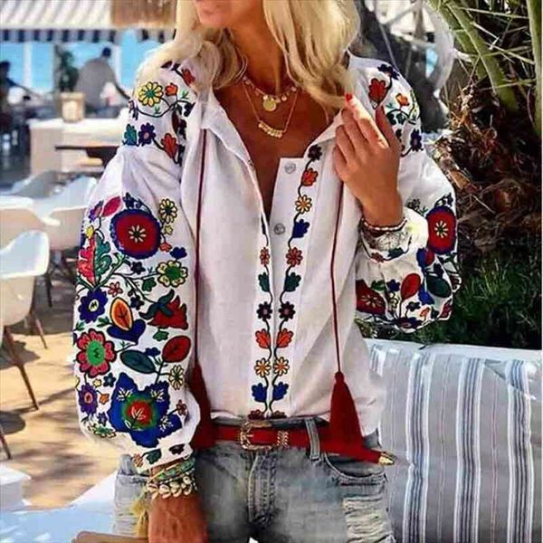 

fashion floral long sleeve flower womens shirts v neck casual loose ladies tee plain women clothes, White