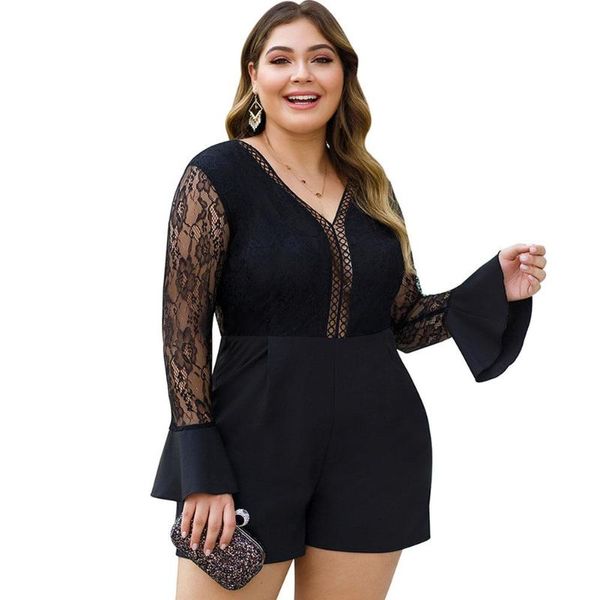 

missky jumpsuits solid color over size jumpsuits v neck lace flower hollow long ruffle sleeve high waist shorts for female, Black;white