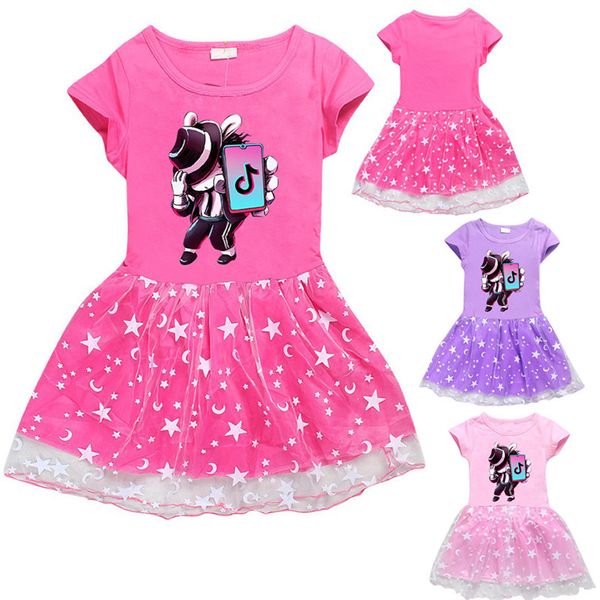 

tik tok kids dresses girl's short sleeve tiktok skirt cotton and mesh material 3 colors available, Red;yellow