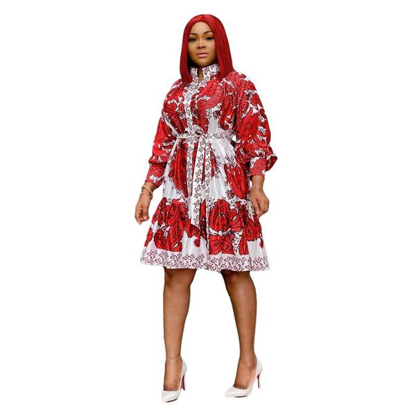 

ethnic clothing africa abaya dubai fashion women's high waist stand collar printed big sleeve nine-sleeve dress d114t, Red