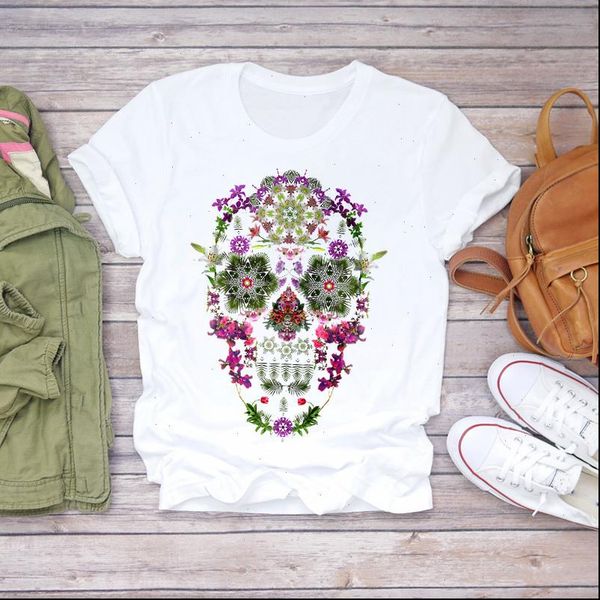 

women 2021 skull floral 90s flower horror harajuku print lady t shirts womens t shirt ladies graphic female tee t shirt, White
