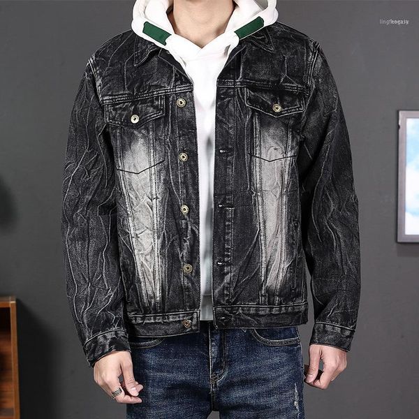 

men's jackets spring autumn slim bleached coats men pockets denim fashion turn-down collar single breasted black casual vintage1, Black;brown