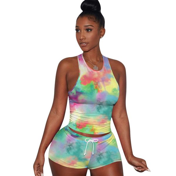 

2021 summer woman fashion crop booty shorts tie dye 2 piece set women casual lounge wear tracksuit d41-ac12, White